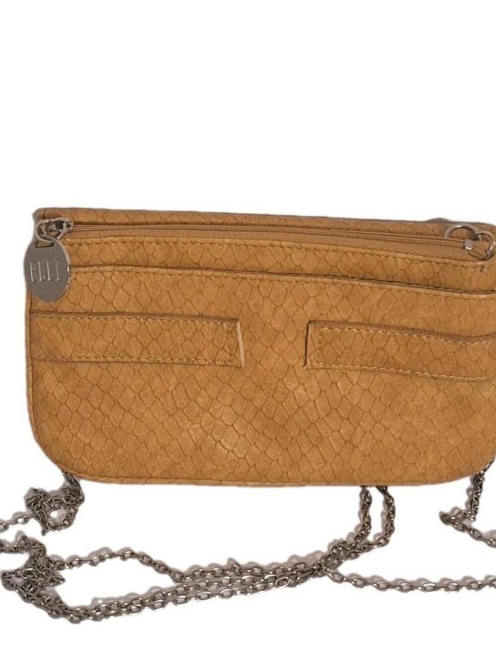 ELLE Faux Leather Small Crossbody Clutch Woven Scalloped Tan Bag Removable Strap